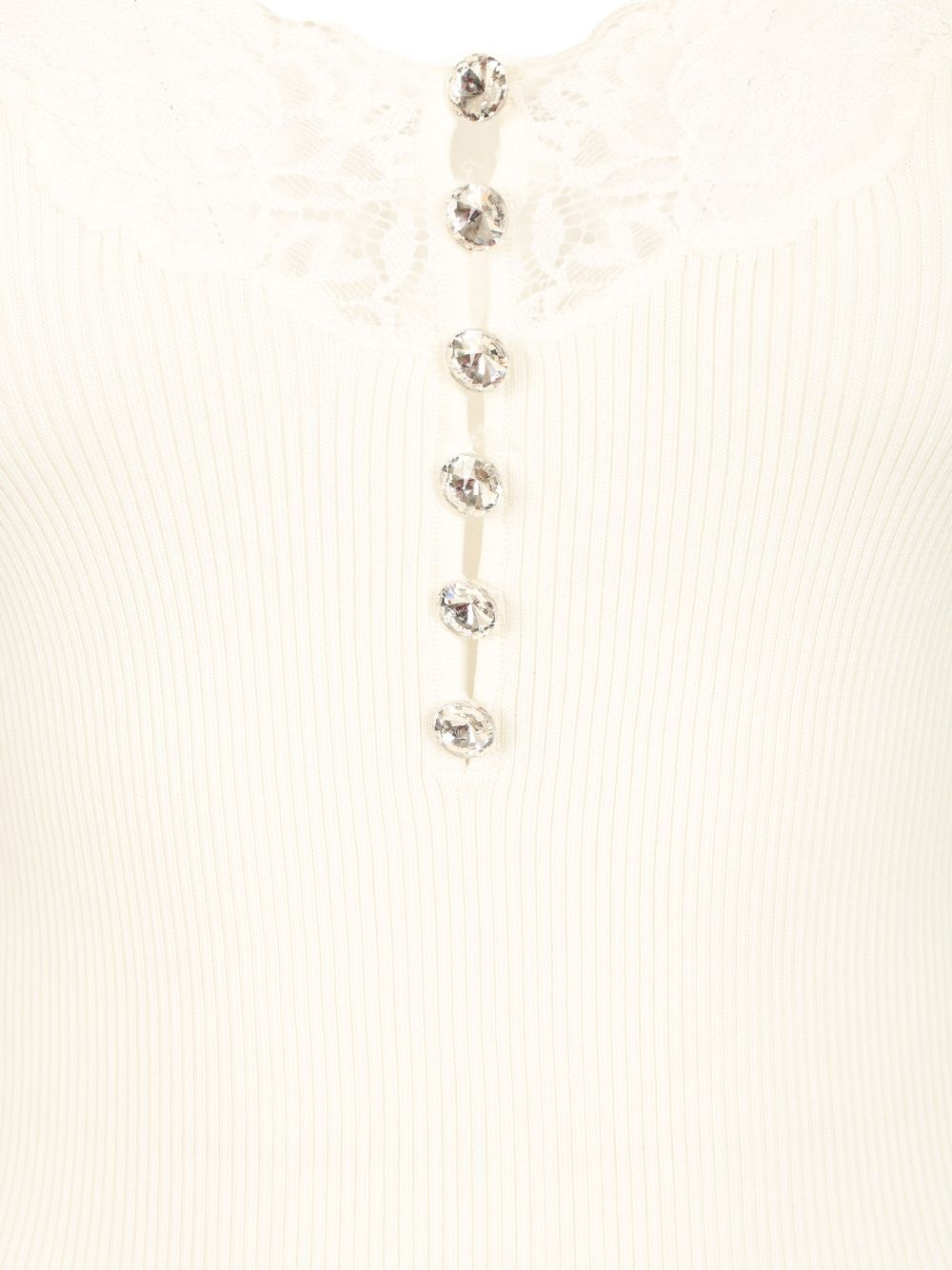 White Lace Trim Rib Knit Top Tops White - 4