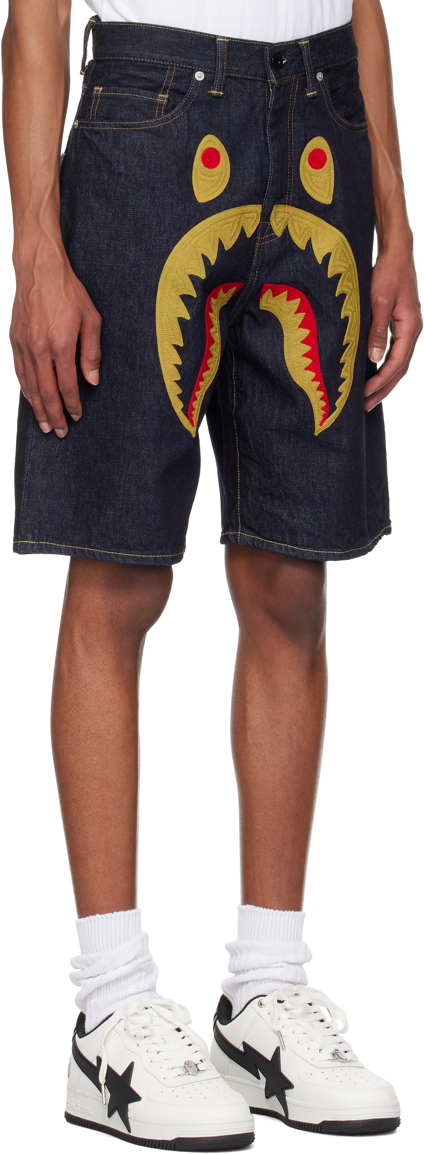 Navy Shark Denim Shorts - 2