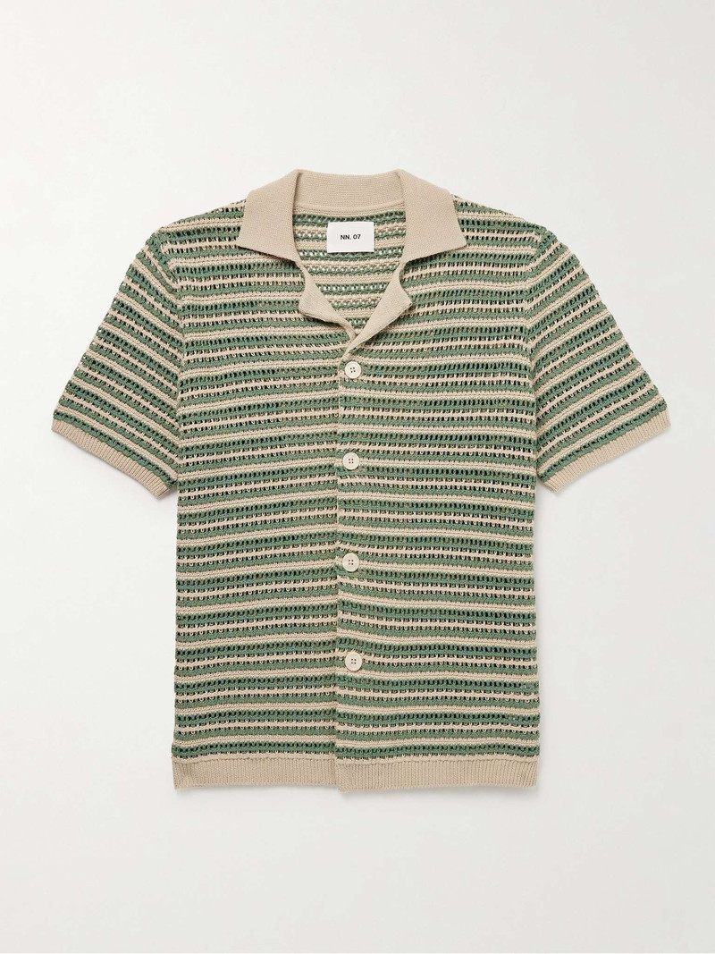 Henry 6636 Camp-Collar Striped Crocheted Organic Cotton Shirt 1
