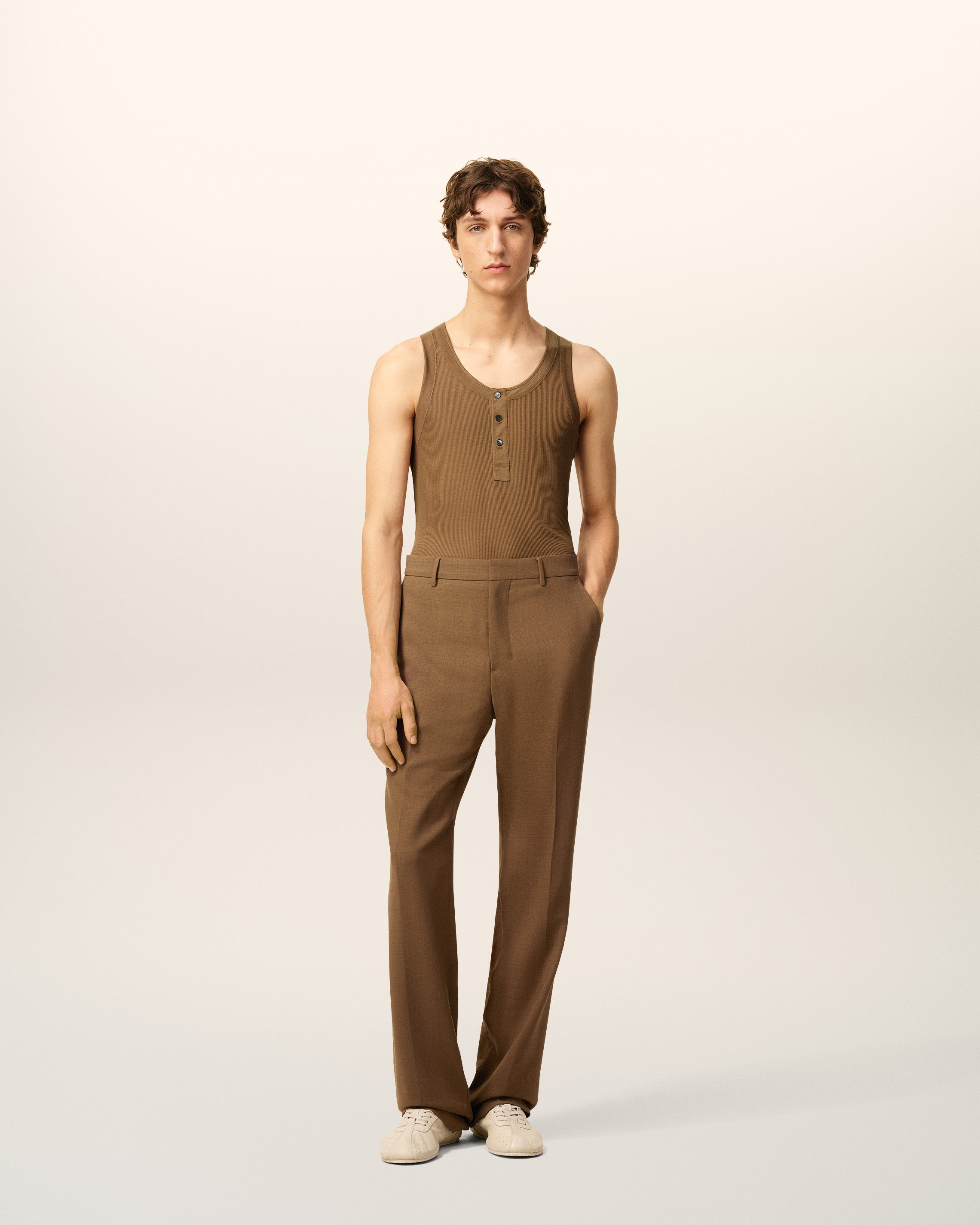 BROWN JERSEY BUTTONED PLACKET TANKTOP - 2