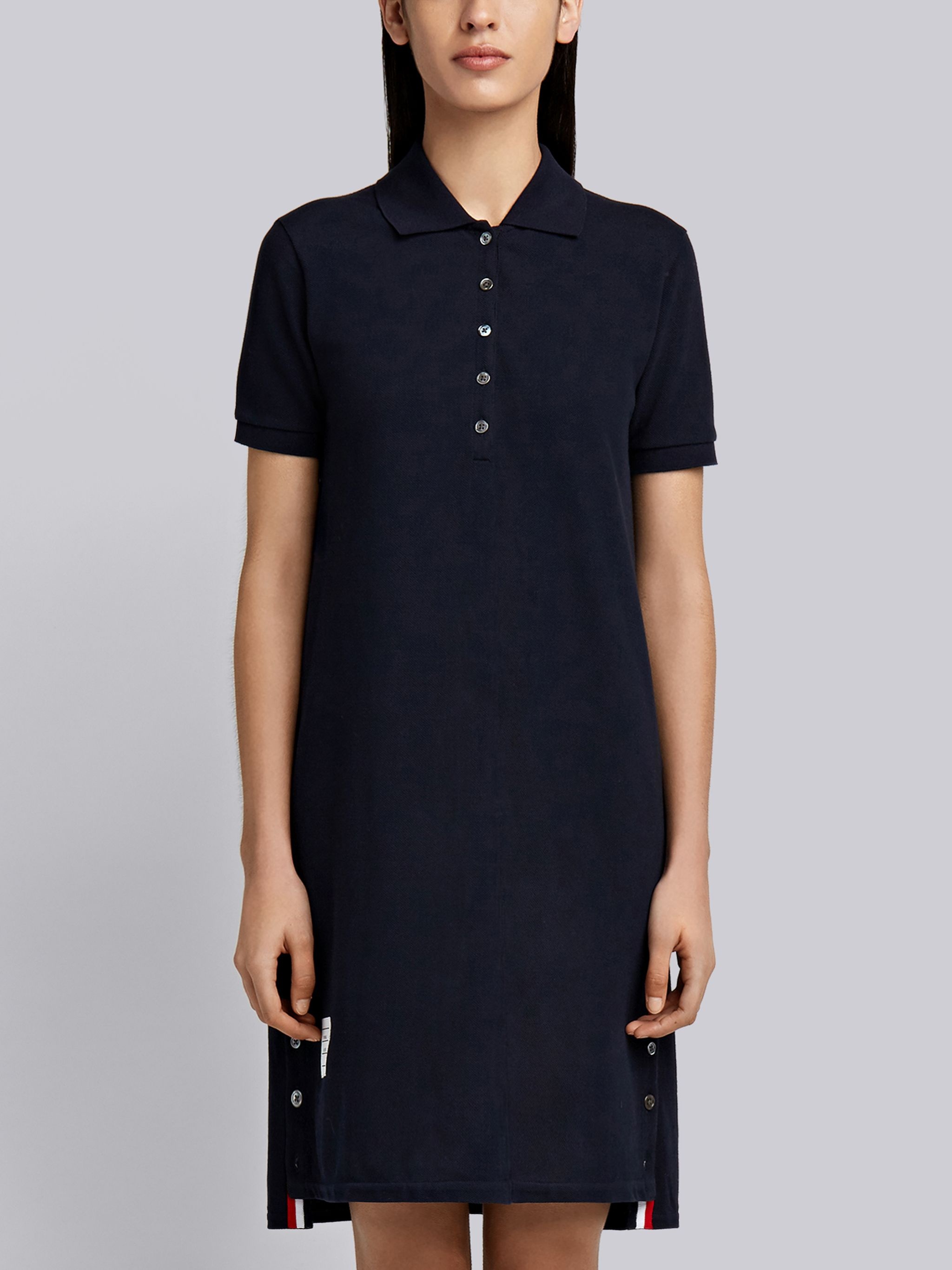 Navy Stripe Cotton Pique Fitted A-line Short Sleeve Polo Shirtdress - 1