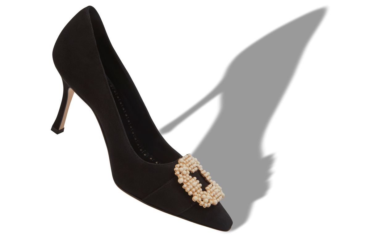 Black Suede Pearl Buckle Pumps - 2