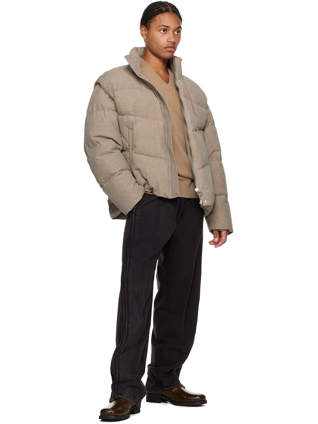 Taupe Detachable Sleeves Down Jacket - 5