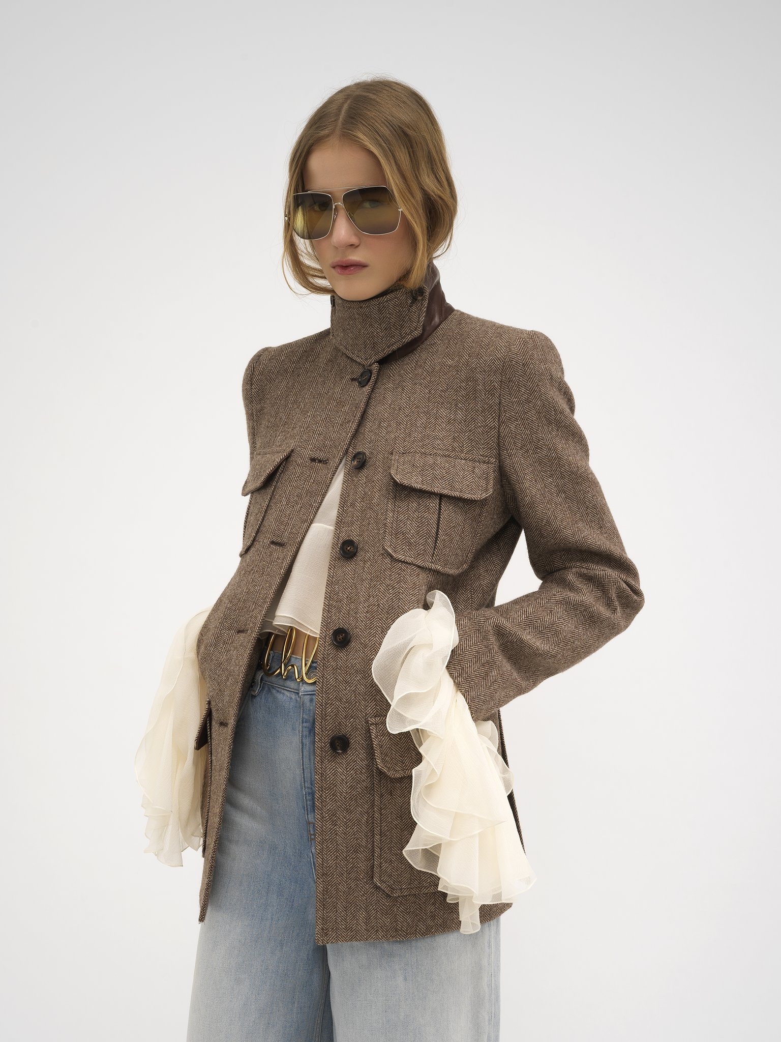 LONG OFFICER JACKET IN HERRINGBONE WOOL - 4