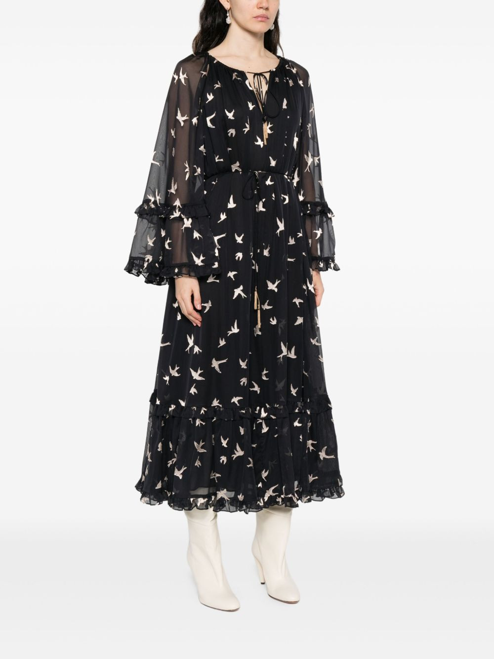 bird-print ruffled dress - 3