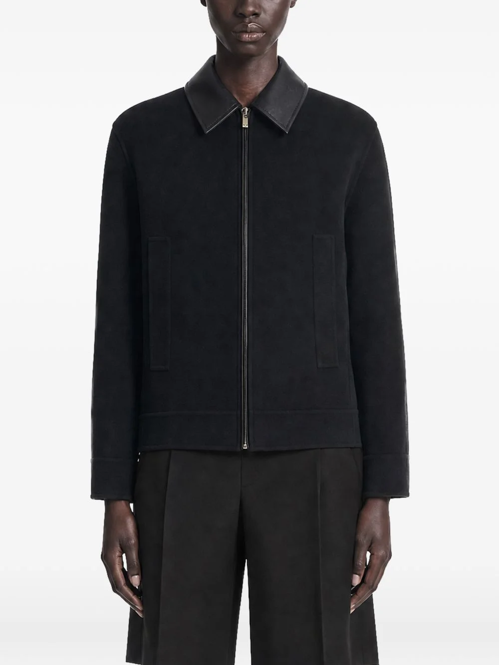 leather-trim zip-up jacket - 1