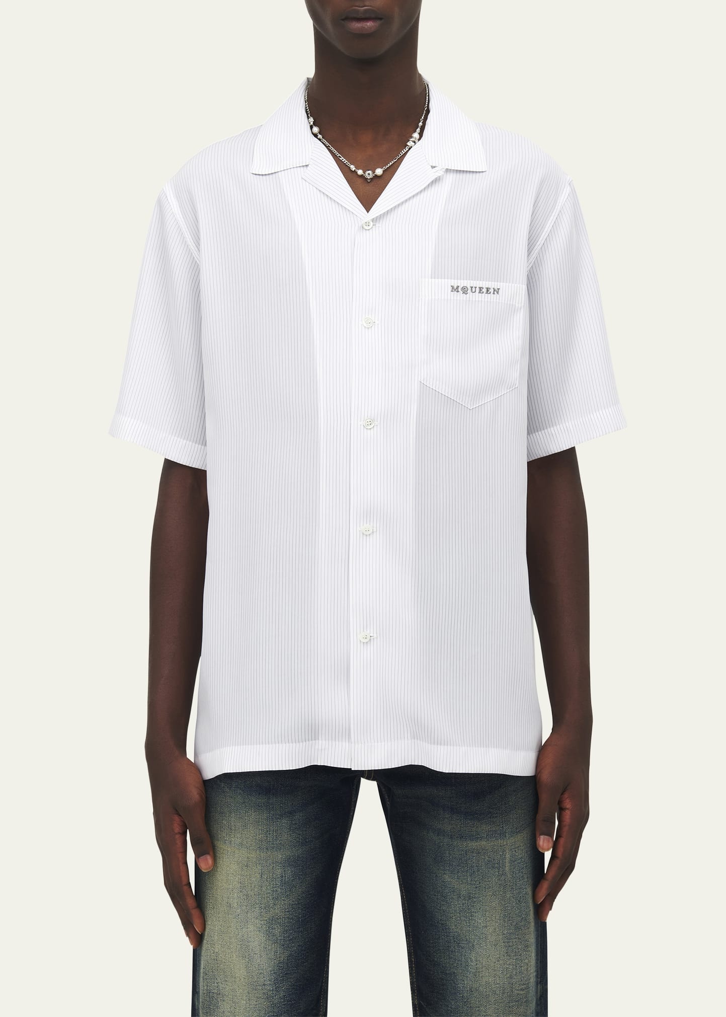 Men's Pinstripe Short-Sleeve Logo Pocket Camp Shirt - 5