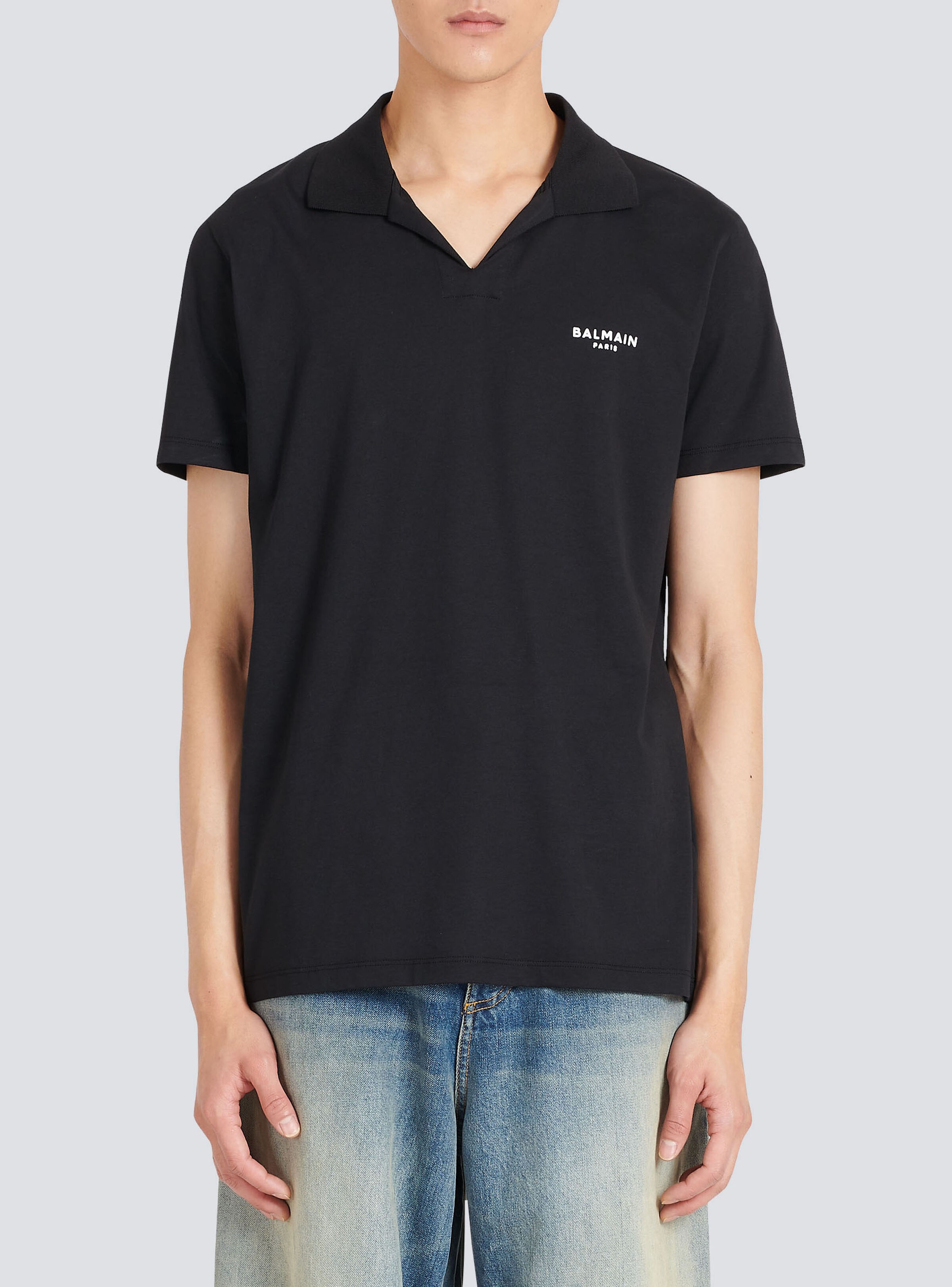 Sustainable cotton polo with small velvet Balmain Paris logo - 7