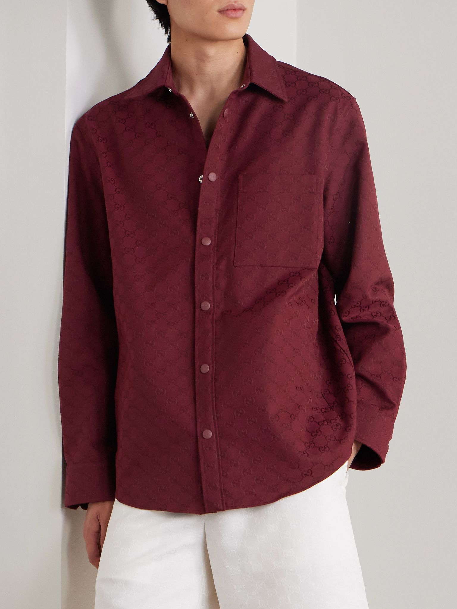 Monogrammed Cotton-Blend Jacquard Shirt Burgundy - 3