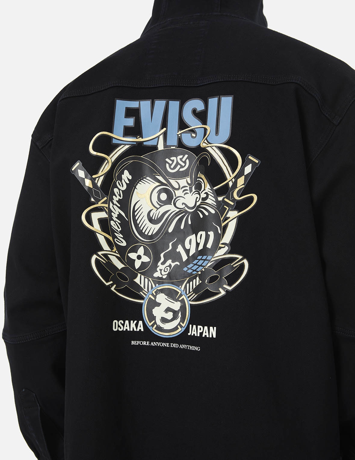 Ninja Daruma and Logo Print Regular Fit Hooded Denim Shirt Jacket - 7