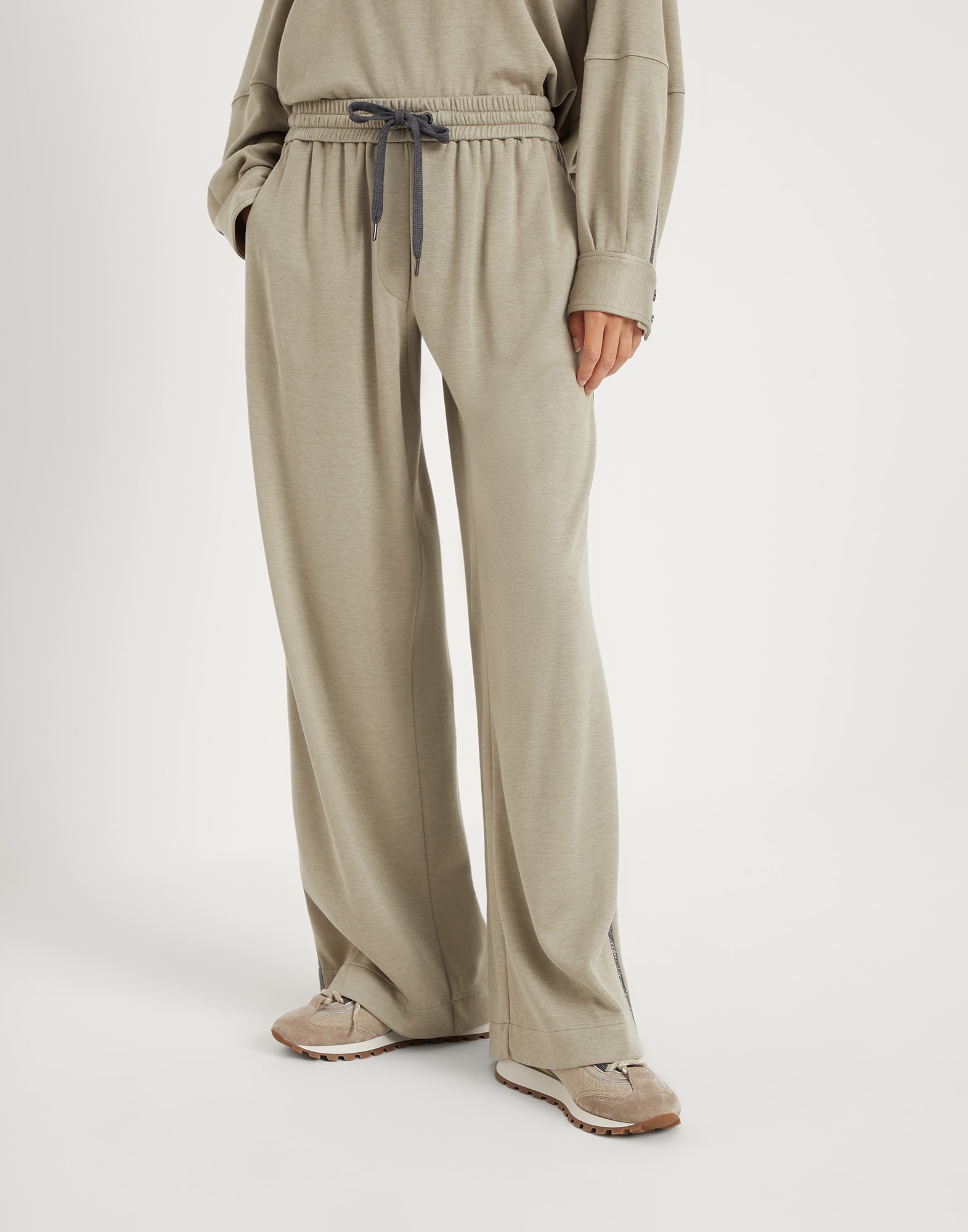 Comfort cotton and silk interlock wide trousers with precious stripe - 1
