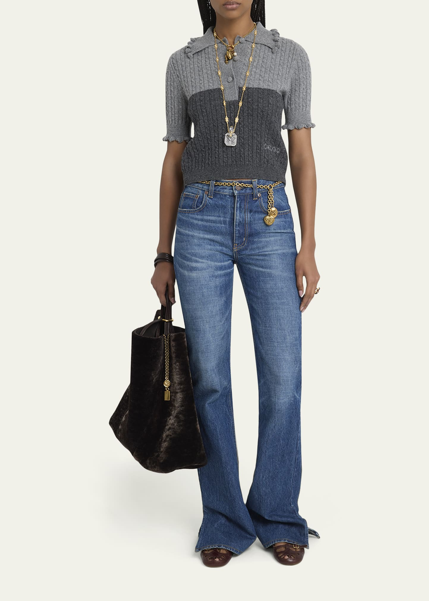 Bicolor Ruffle-Trim Short-Sleeve Polo Sweater - 2
