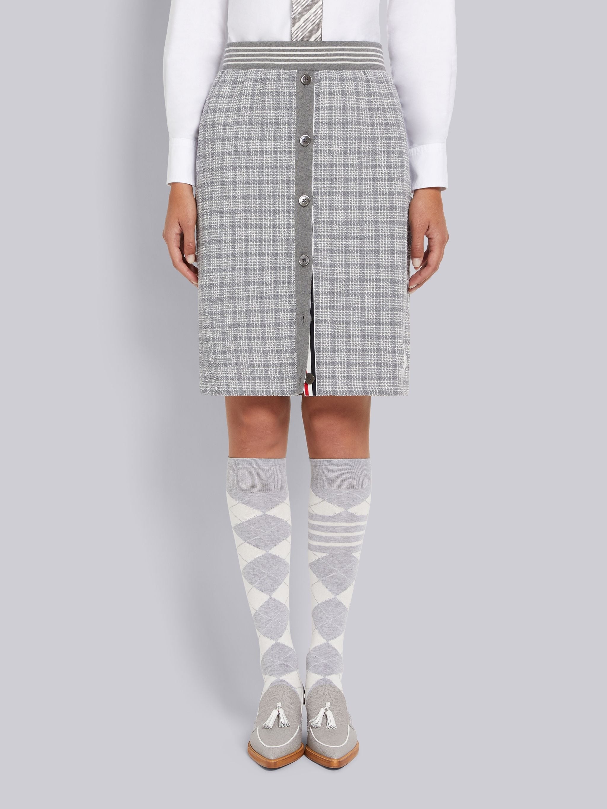 Medium Grey Textured Micro 4-Bar Check Cotton Tweed Button Placket Knee Length Skirt - 1