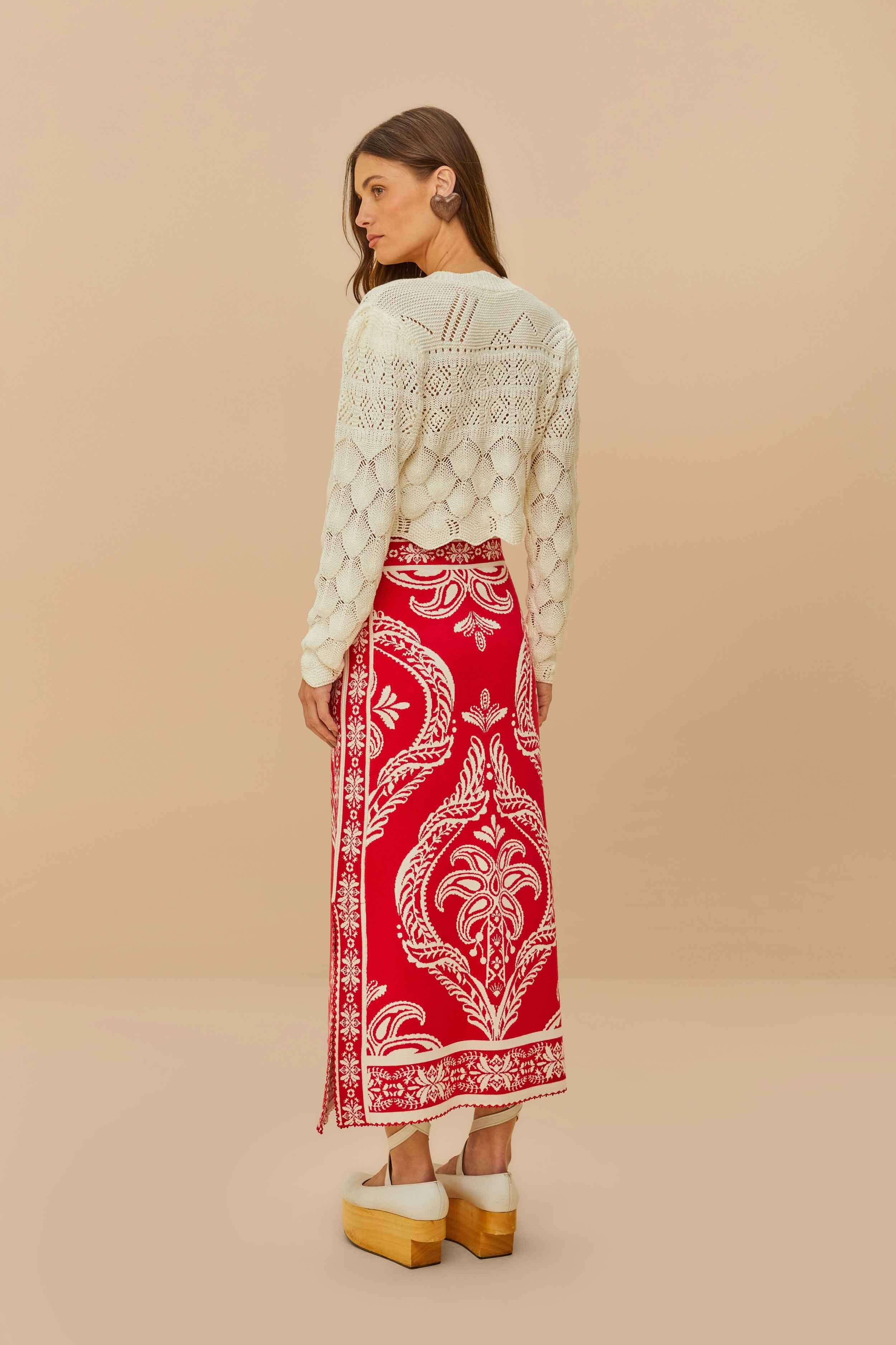 Red Tropical Jacquard Knit Skirt - 4