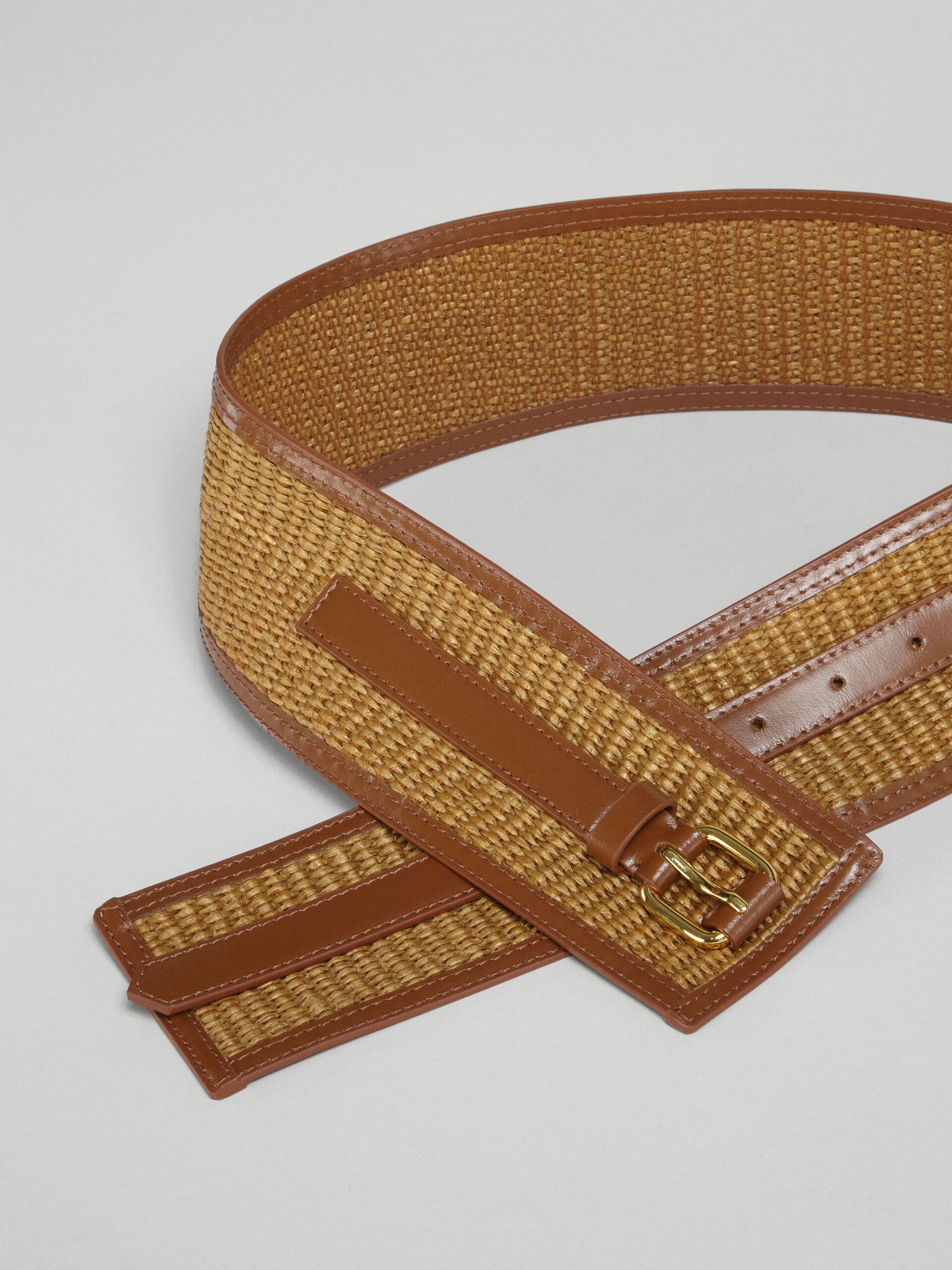 BROWN LEATHER AND RAFFIA BELT - 3