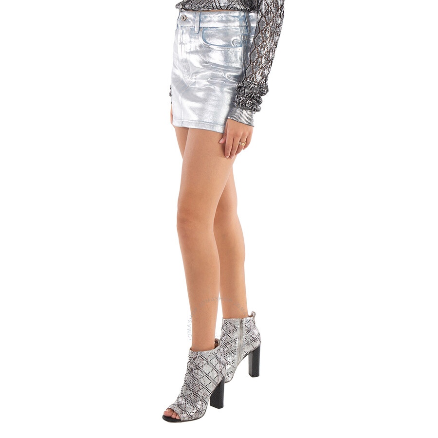 Rabanne Ladies Light Silver Metallic Denim Miniskirt - 4