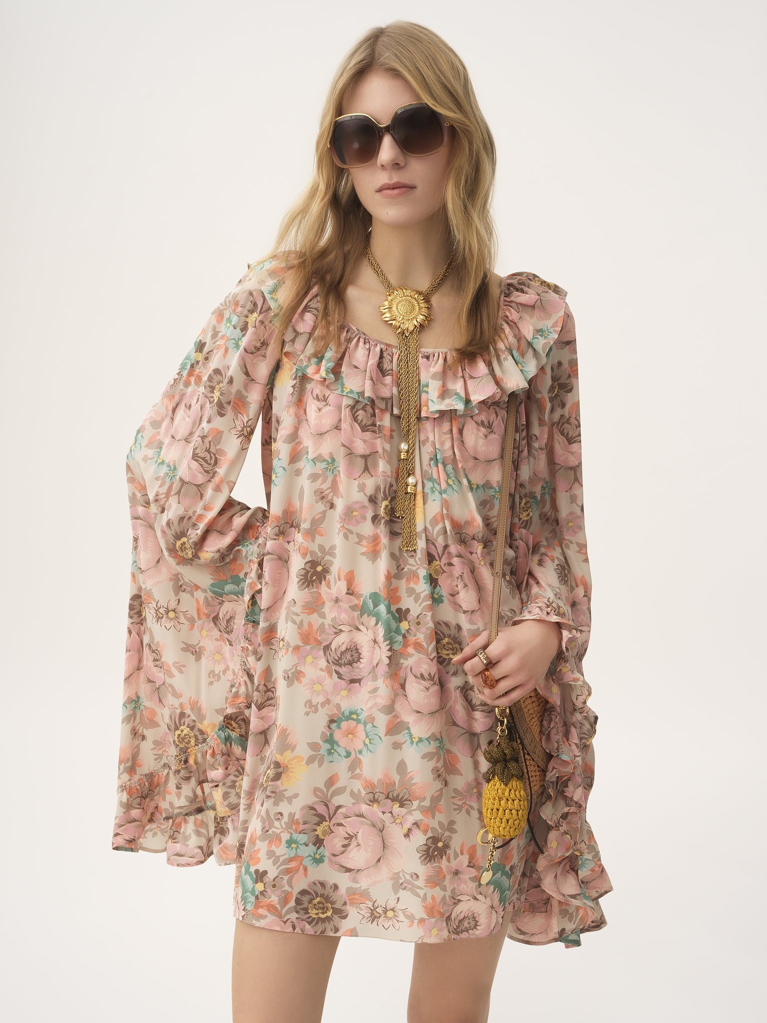 SQUARE-NECK RUFFLED MINI DRESS IN CRÊPE DE CHINE - 4