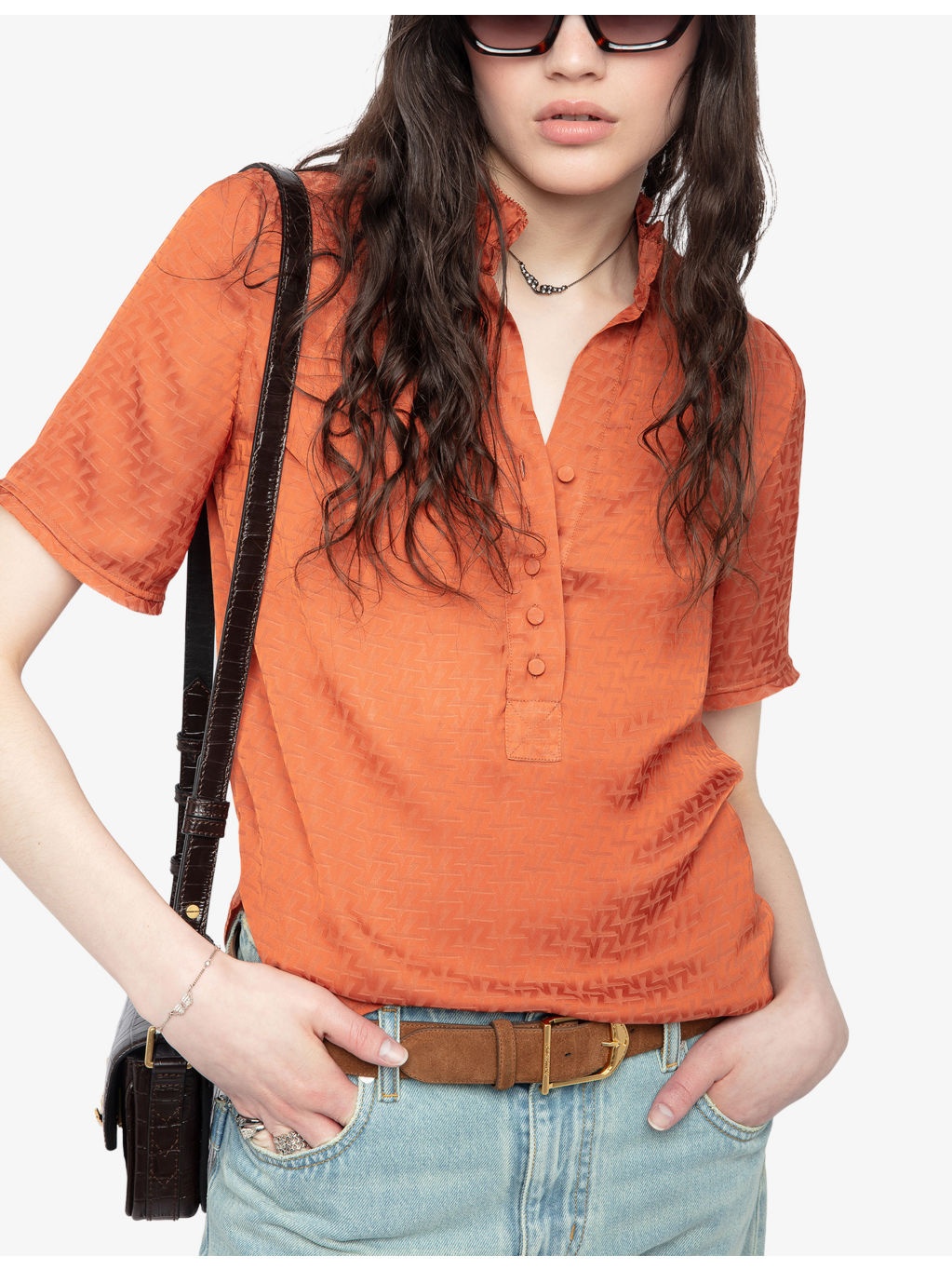 Short-Sleeved Frill-Collar Satin Shirt - 4