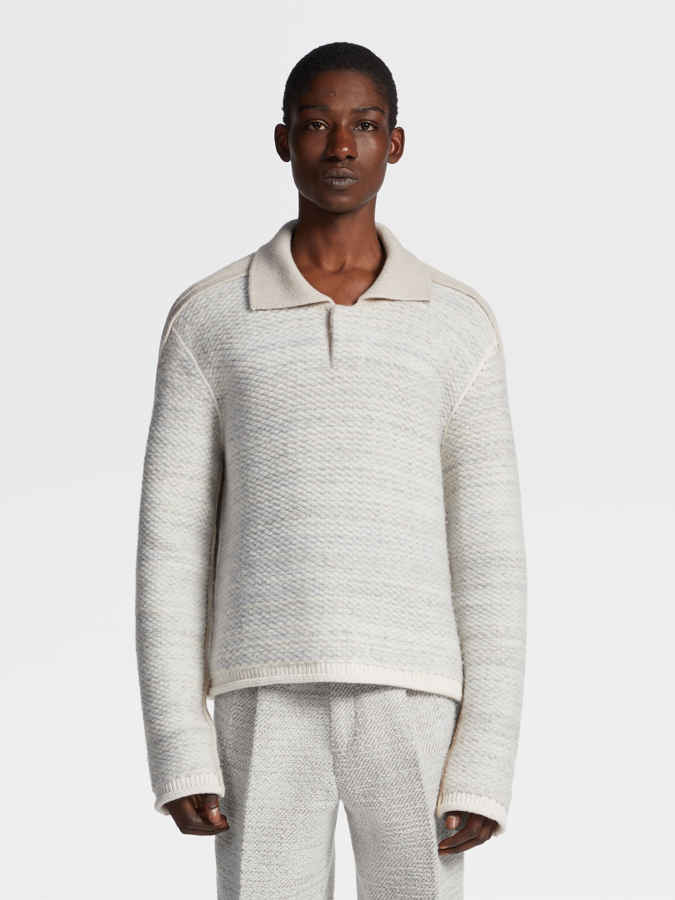 LIGHT GREY AND IVORY WOOL POLO SWEATER - 2