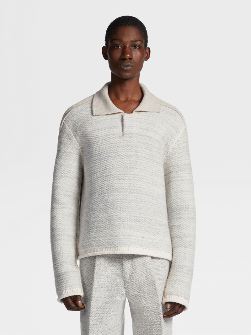 ZEGNA LIGHT GREY AND IVORY WOOL POLO SWEATER outlook