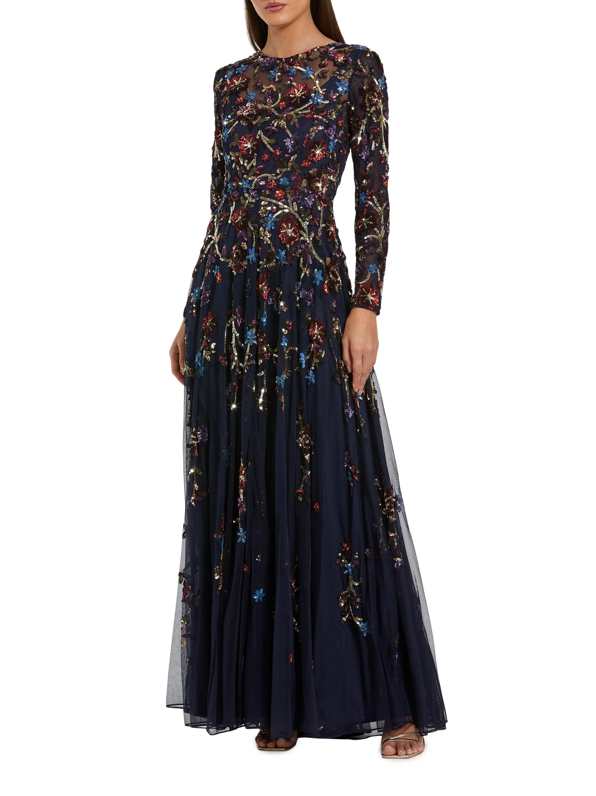 Women's Floral Beaded Mesh A-Line Gown - Midnight Multi - 1
