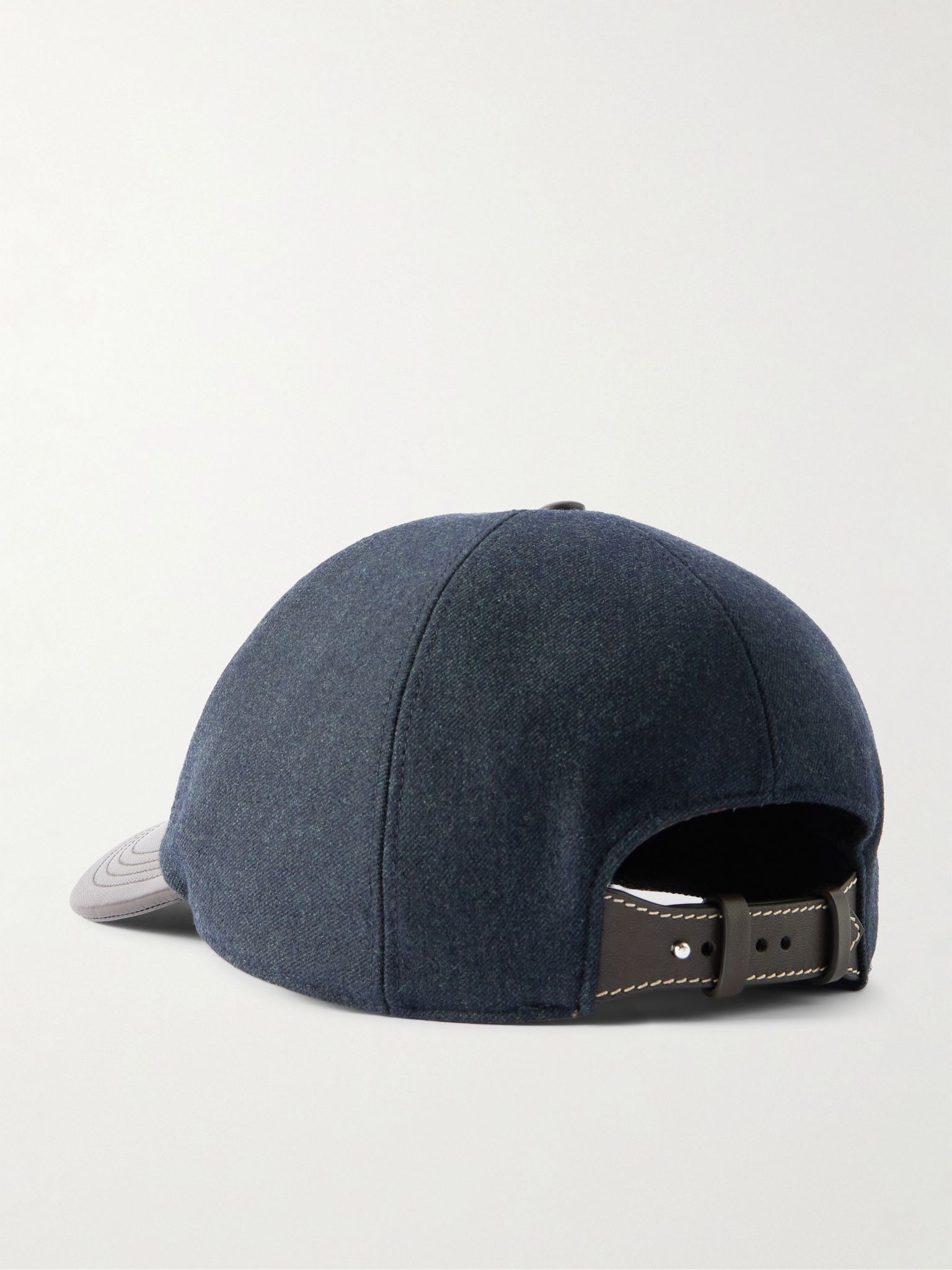 Logo-Embroidered Leather-Trimmed Wool-Blend Baseball Cap Navy - 2