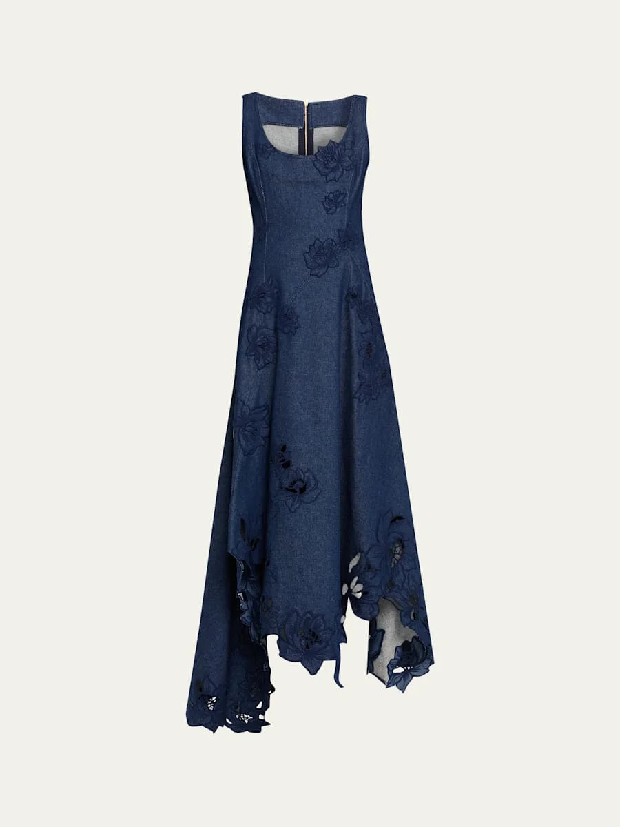 Flower Embroidered Denim Sleeveless Maxi Dress - 1