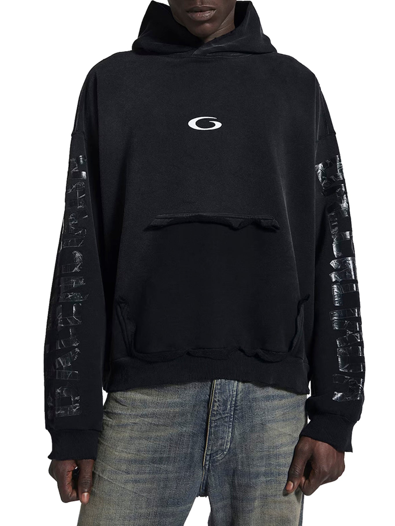 TRANSPARENT TAPE HOODIE WITH TORN POCKET - 1