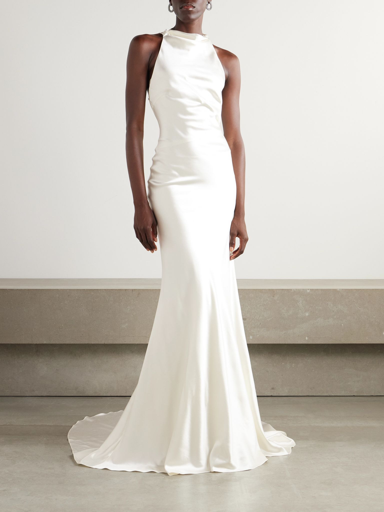 Stella open-back silk and wool-blend satin halterneck gown Ivory - 3