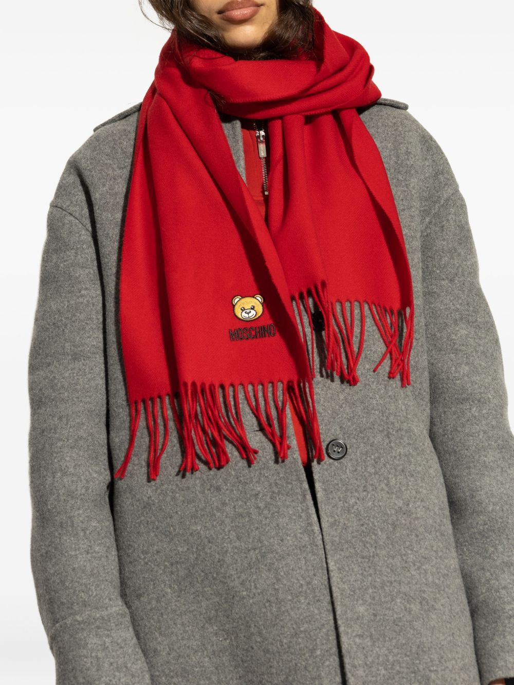 teddy bear-embroidered fringed scarf - 3