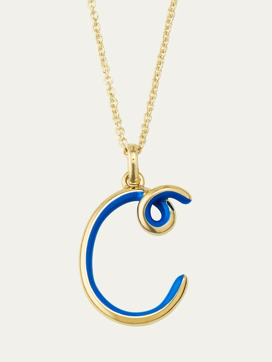Letter C Pendant Necklace in 9K YG with Half Enamel in Cobalt - 1