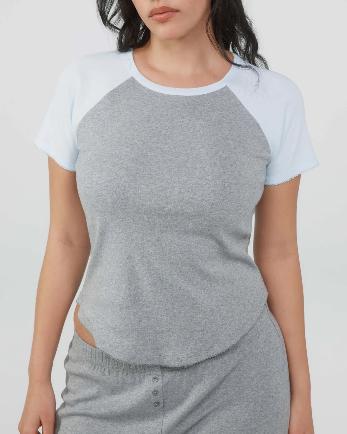 The Raglan Tee: Grey / Sky Blue Cotton Jersey - 1