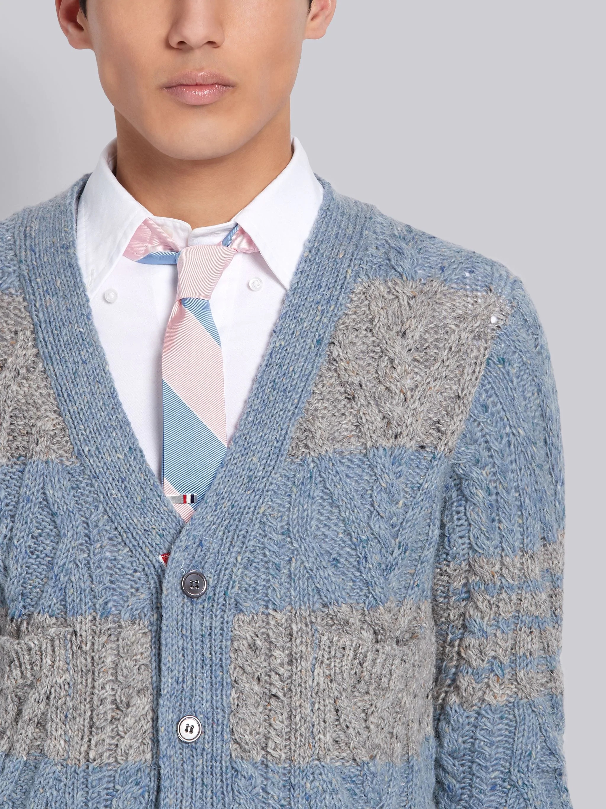 Light Blue Mohair Tweed Aran Cable Rugby Stripe V-neck Cardigan - 5