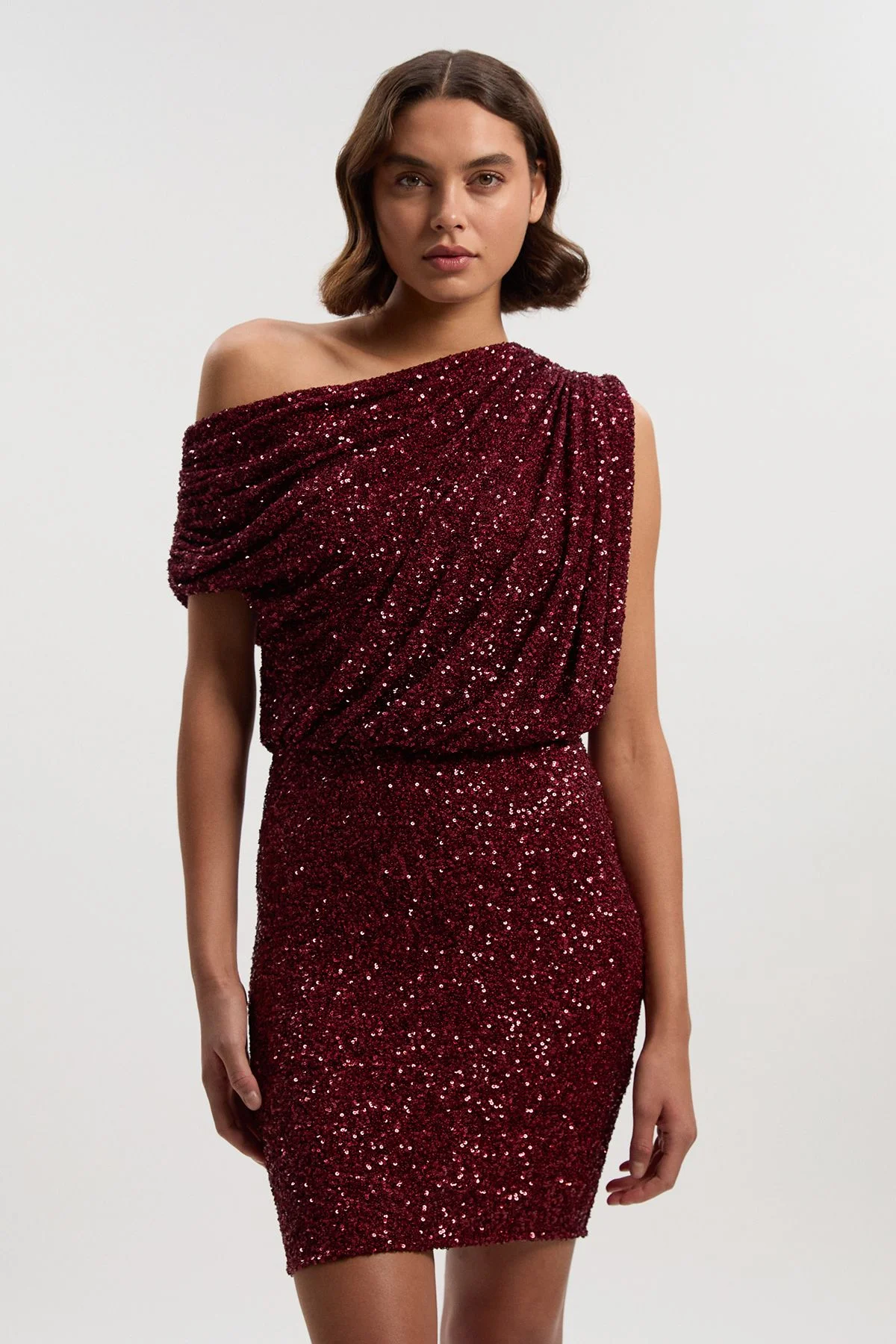 Draped One Shoulder Jersey Stretch Sequin Mini Dress - 1