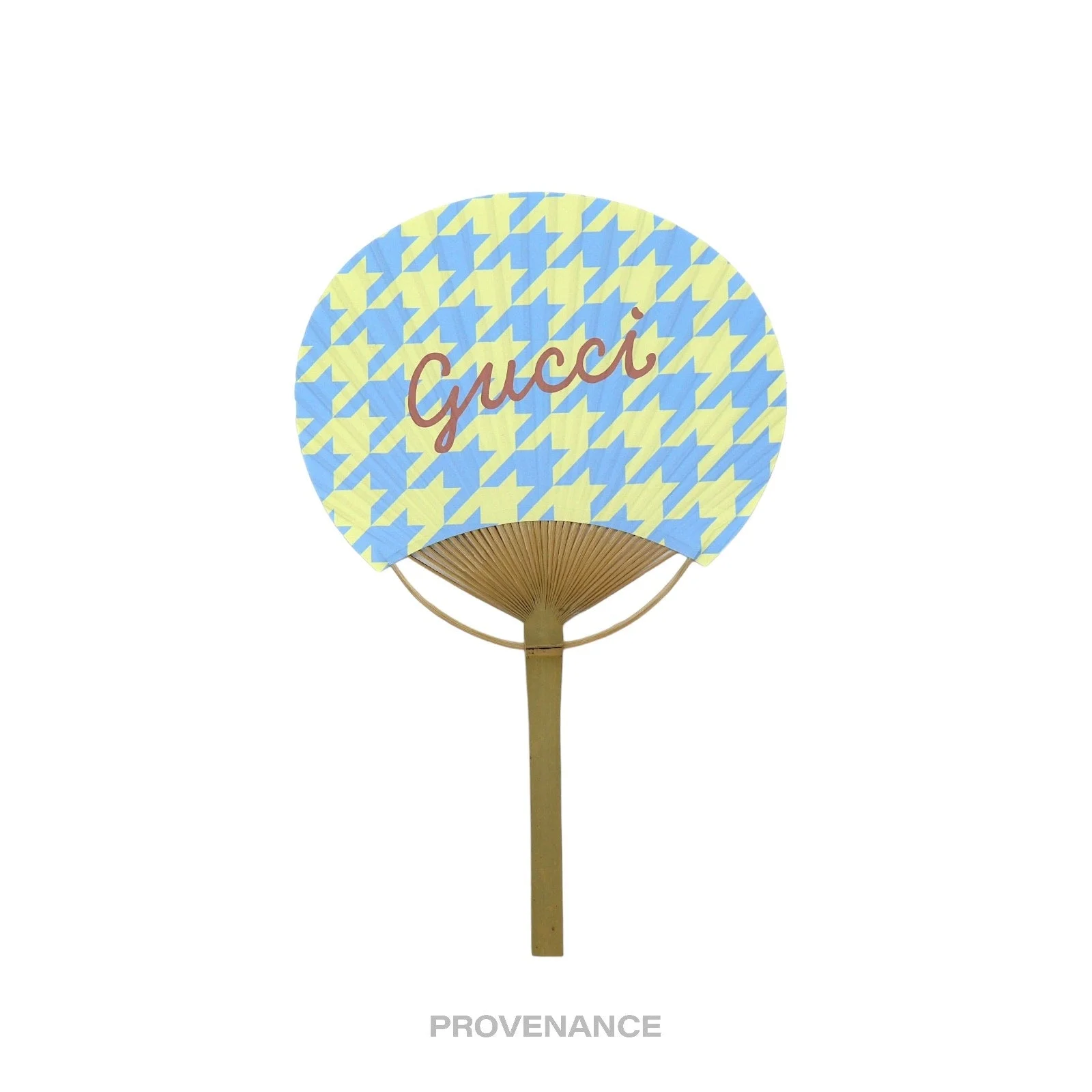 Gucci Logo Bamboo Hand Fan - Houndstooth Yellow Blue - 1