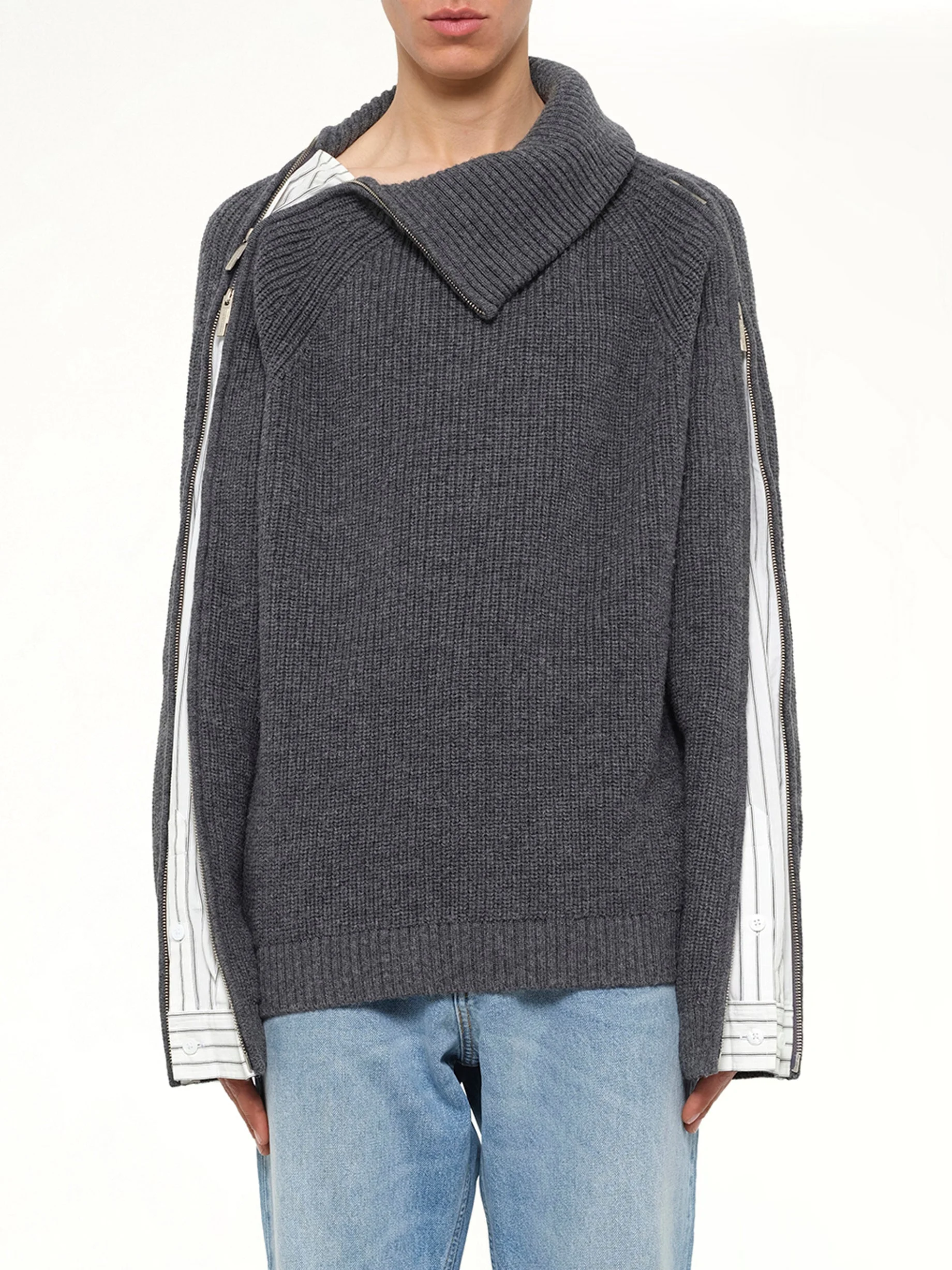Deconstructed Shirt Fabric Sweater with Patchwork in Grey - 1