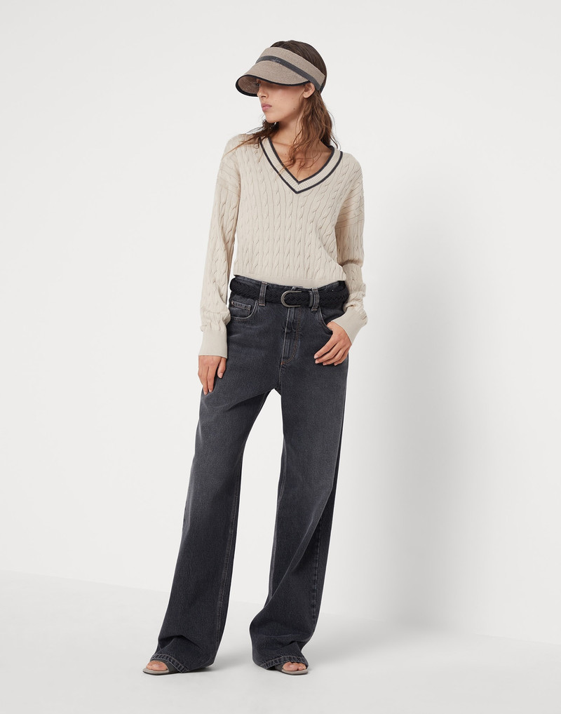 Cotton cable knit sweater with shiny contrast trims 5