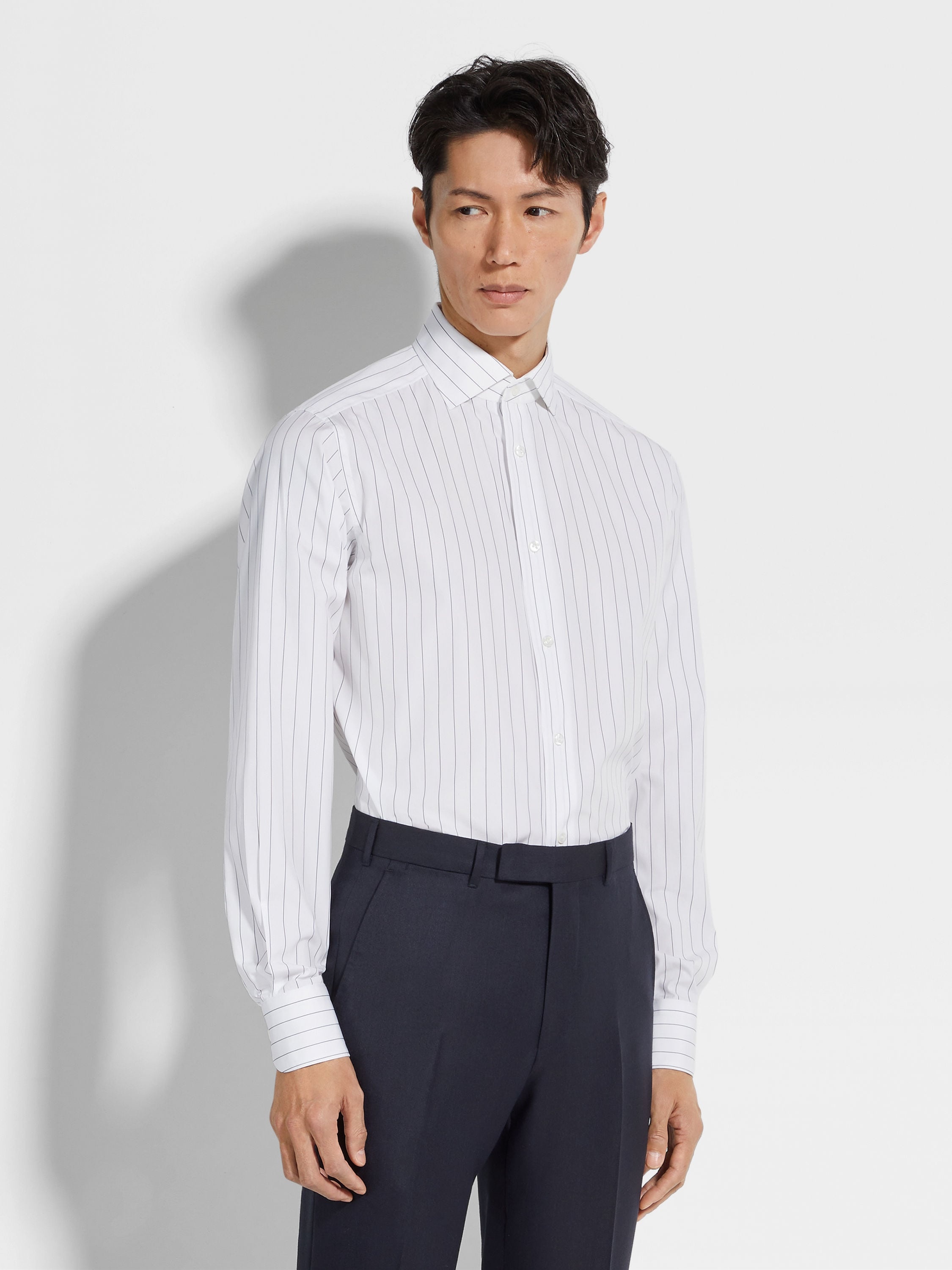 WHITE AND NAVY BLUE MACRO-STRIPED CENTOVENTIMILA COTTON SHIRT - 4