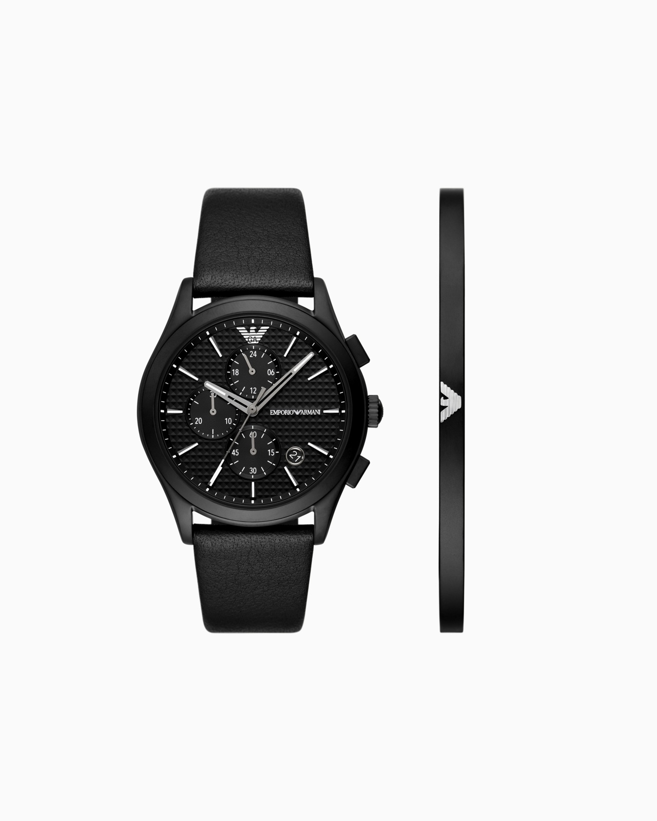 CHRONOGRAPH BLACK LEATHER WATCH AND BRACELET SET - 1