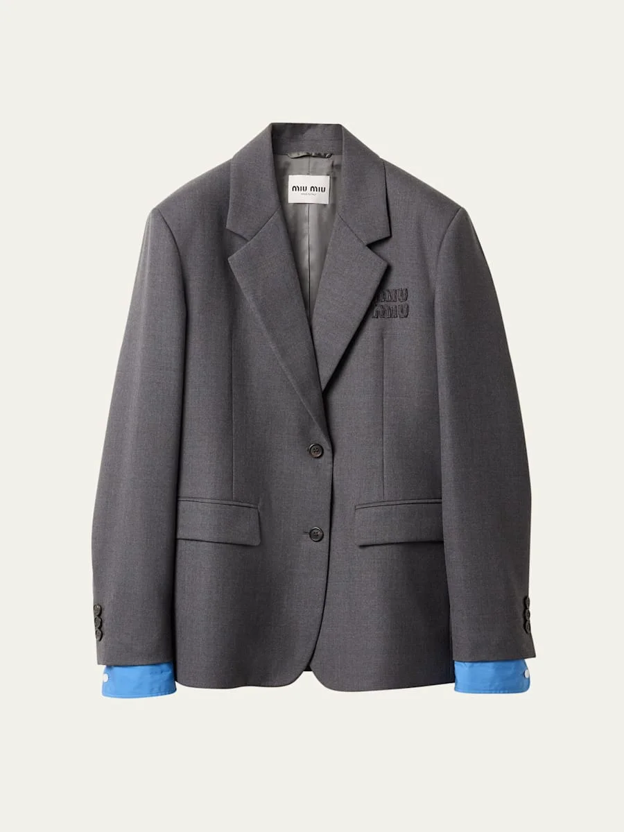 Logo Embroidered Oversized Wool Blazer Jacket - 1