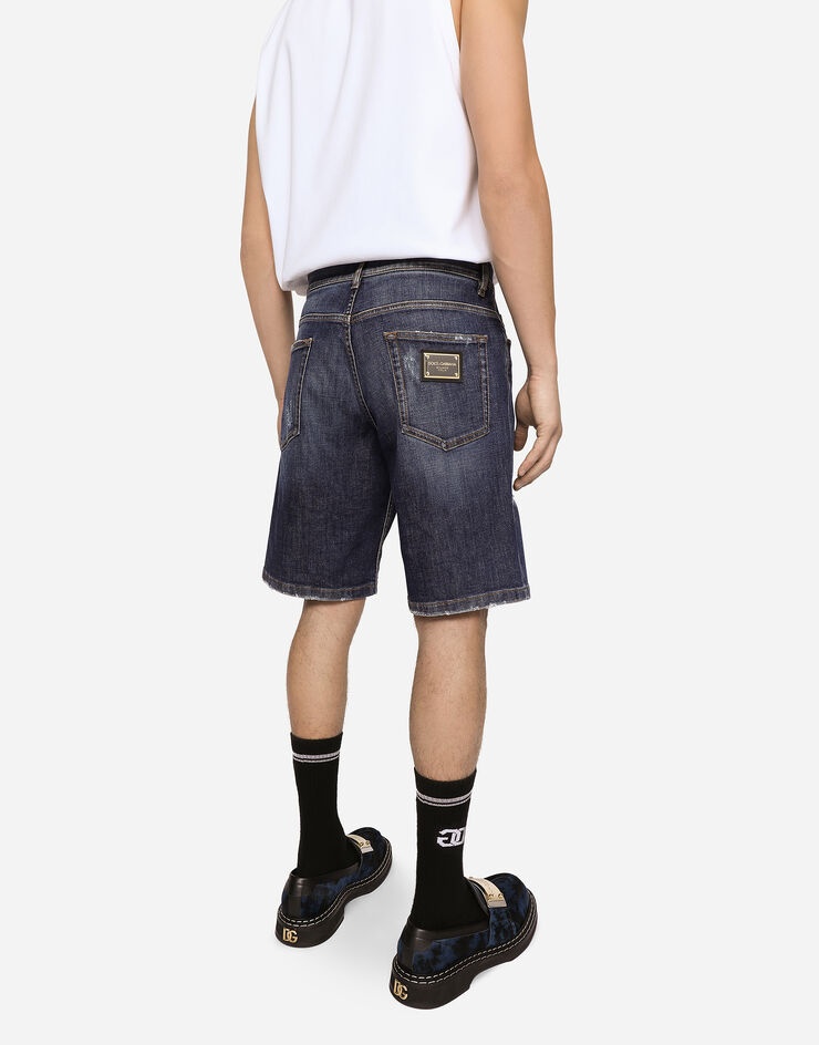 Blue denim shorts with rips and embroidery - 4