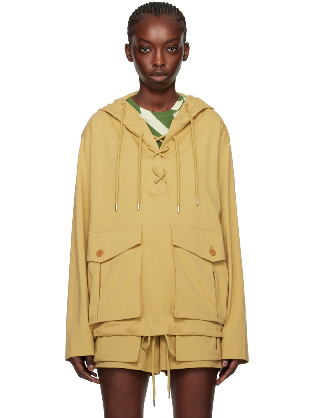 Tan Lace-Up Hoodie - 1