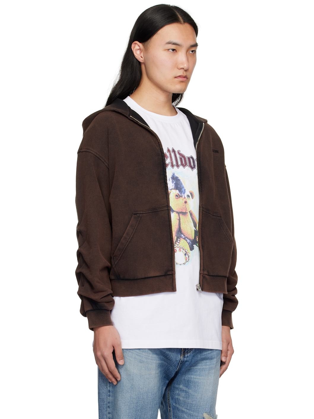 Brown Wrinkled Zip-Up Hoodie - 2