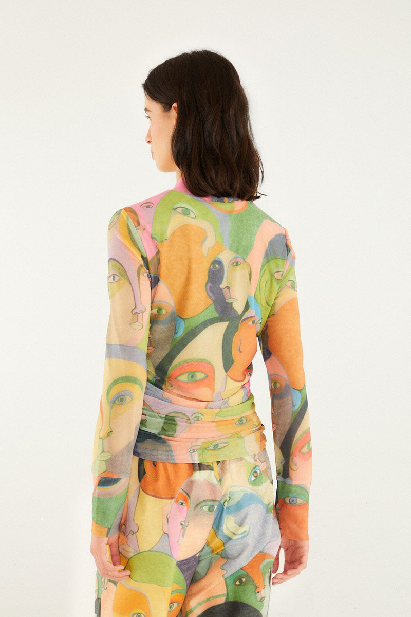 Crowded Series Drawing Long Sleeve Tulle Blouse 4