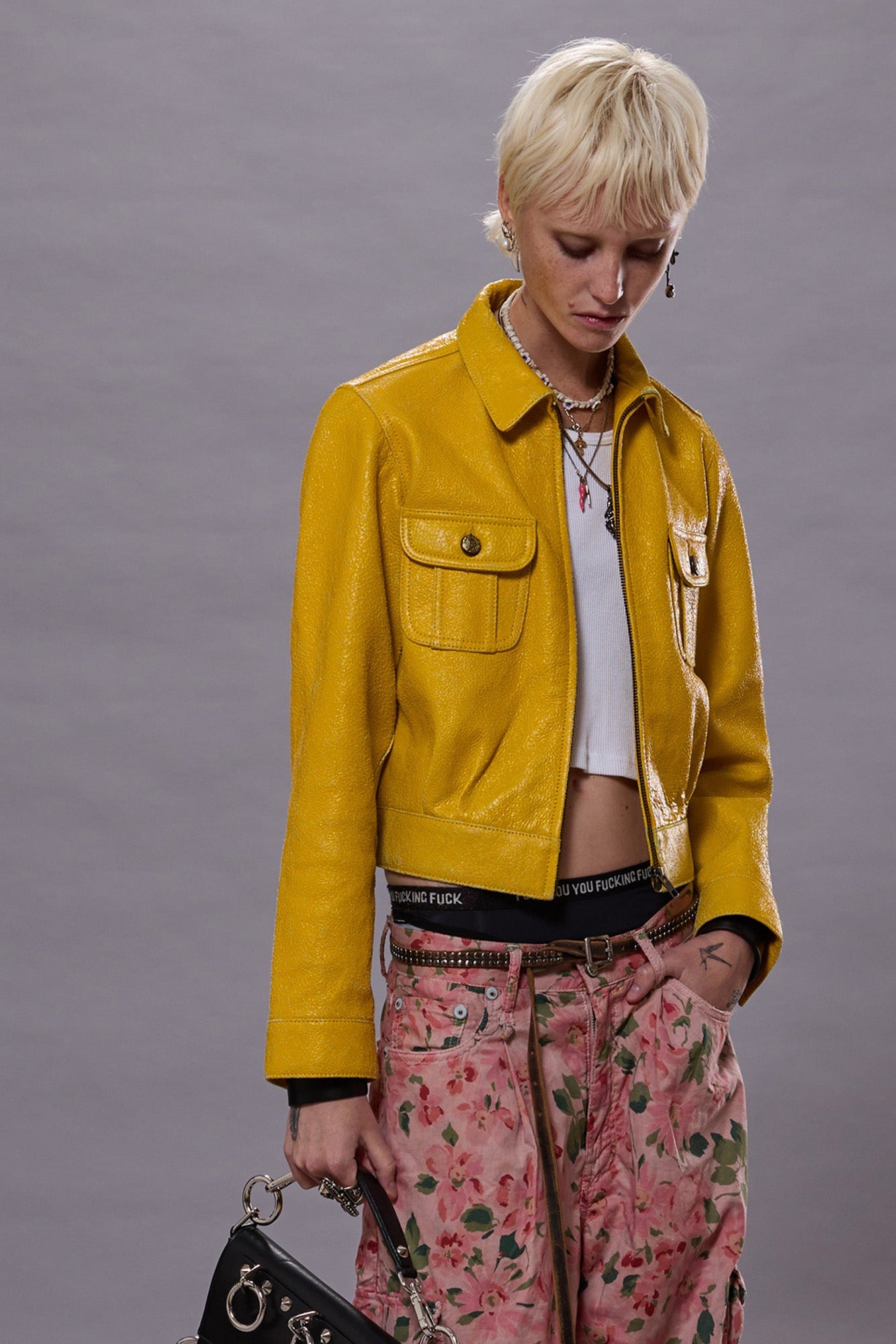 CROPPED SHRUNKEN ZIP-UP LEATHER JACKET - 1
