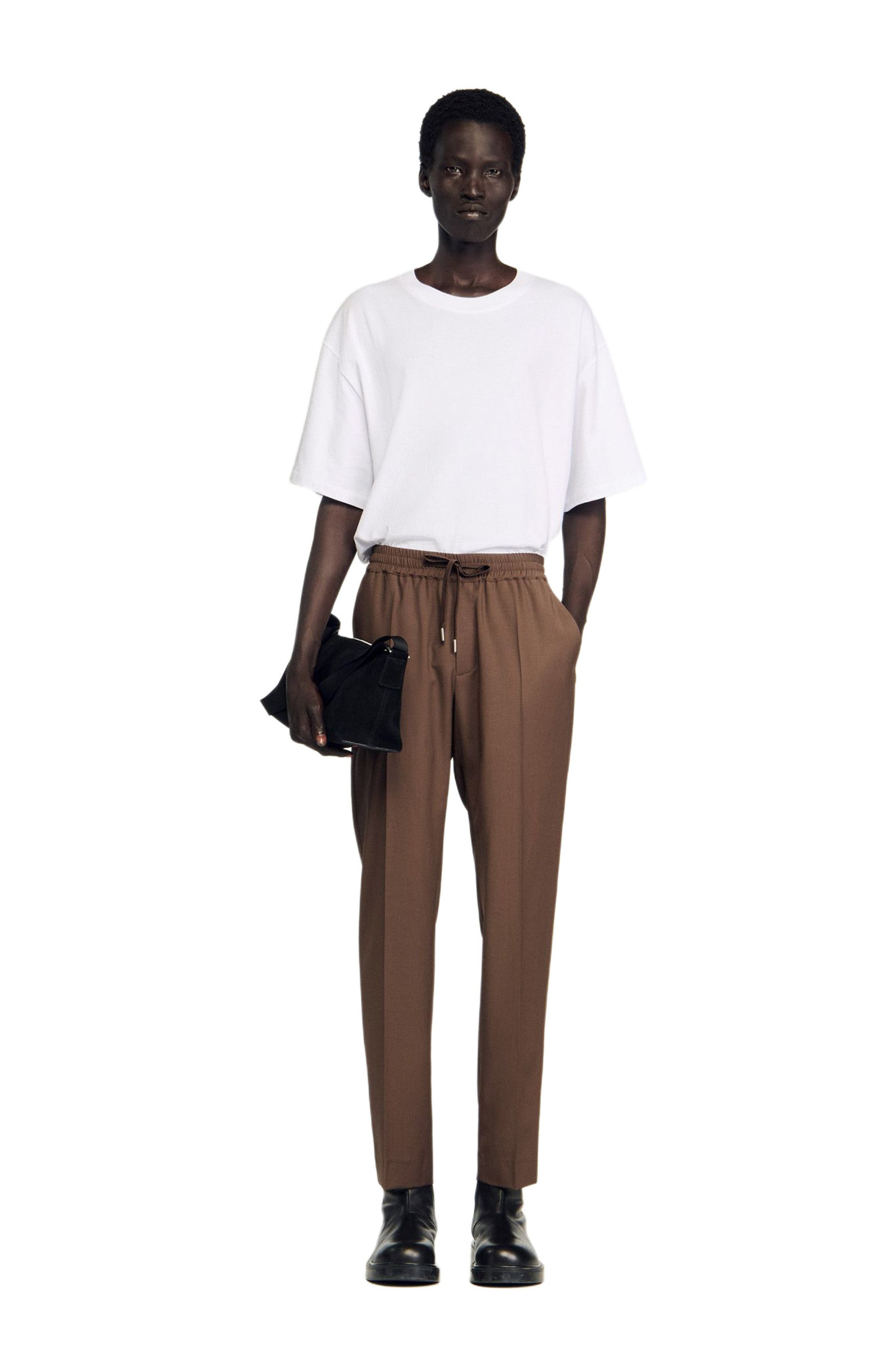 SANDRO Elasticated straight-leg trousers in Tobacco Brown at Nordstrom - 7