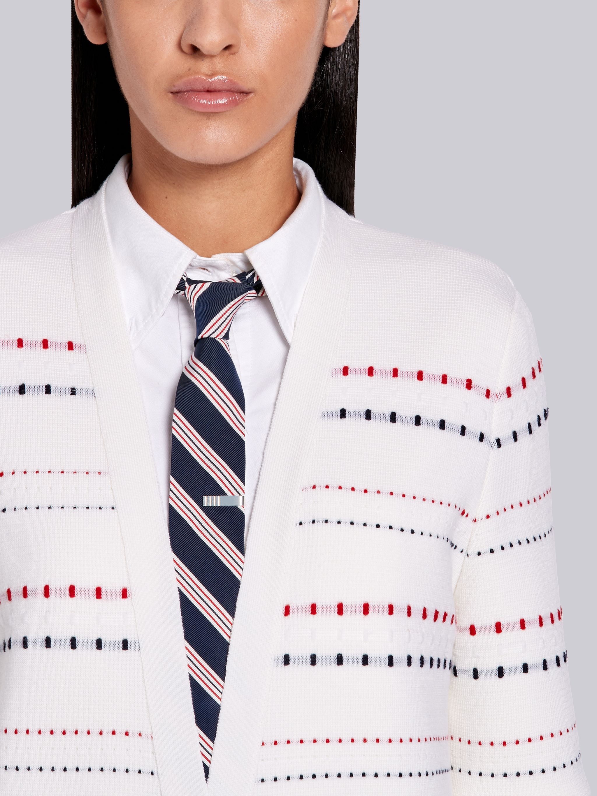 White Fine Merino Wool Tricolor Inlay Milano Stitch Long V-Neck Cardigan - 4