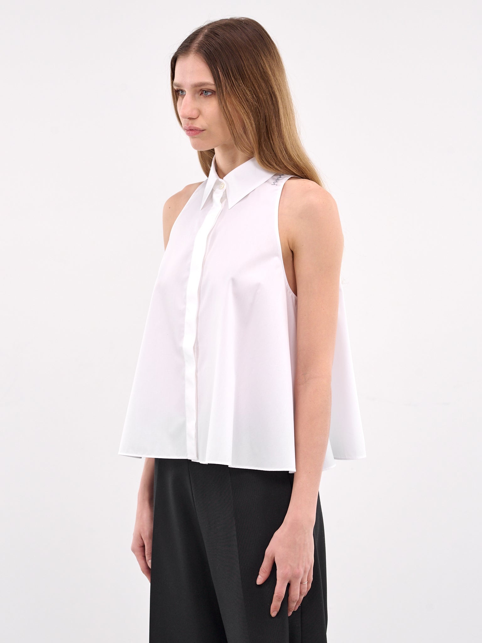 White Cotton Sleeveless Button-up Shirt - 2