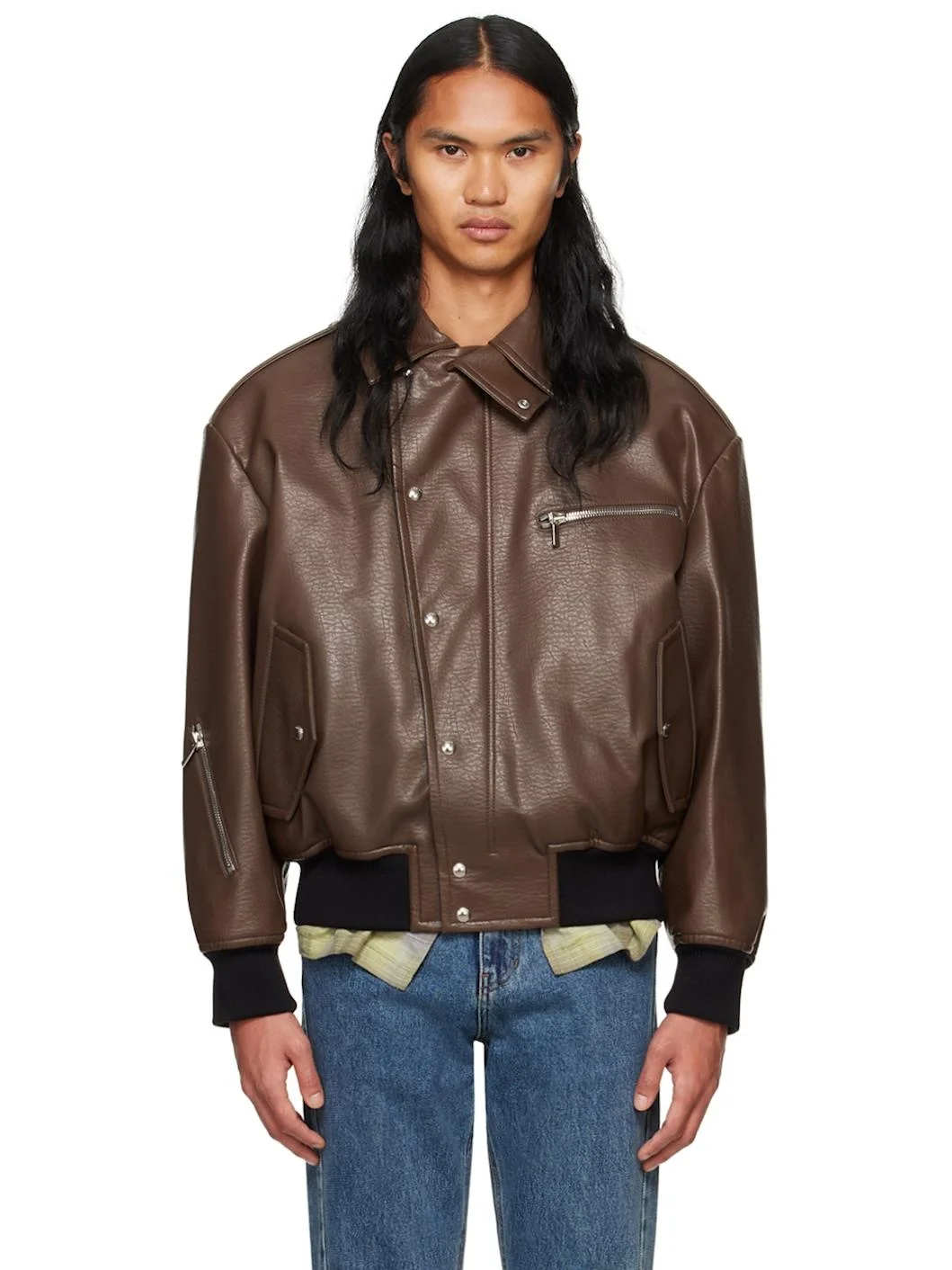 Brown Padded Faux-Leather Jacket - 1