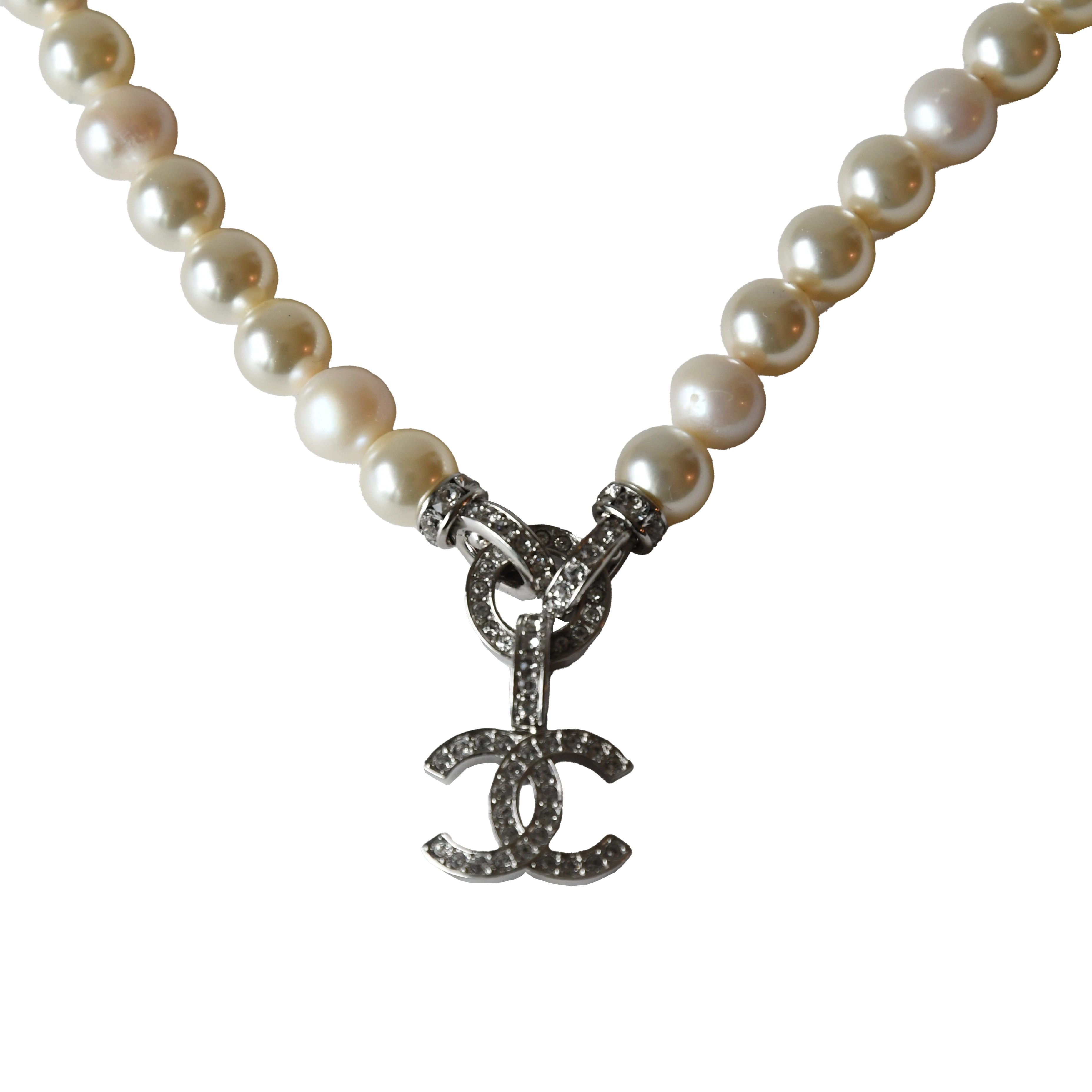 Chanel 25S CC Crystal Strass Drop With Pearl Necklace Silver - 2